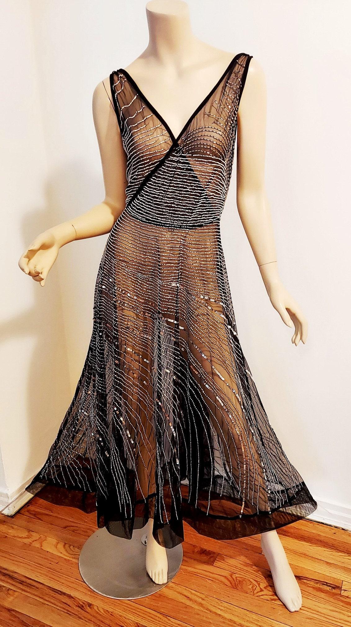 VtgFluid Layering Maxi Black Tulle Dress fully beaded & Sequined (1 of 6)