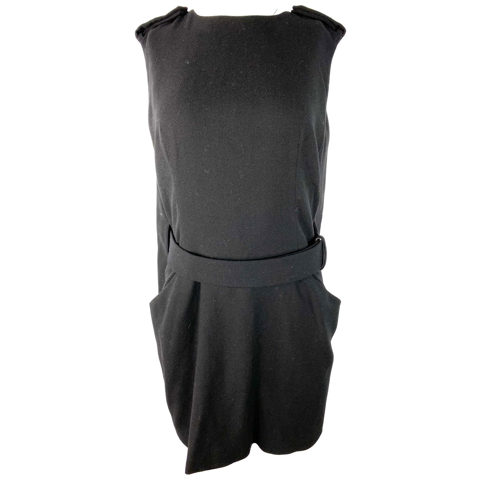 Alexander McQueen Black Wool Mini Cape Dress, Size 44: Product details: Black wool dress designed by Alexander McQueen. The dress features crew neck line, sleeveless, mini length, side pockets, cape style with belt detail. Made in Italy. Details Designer