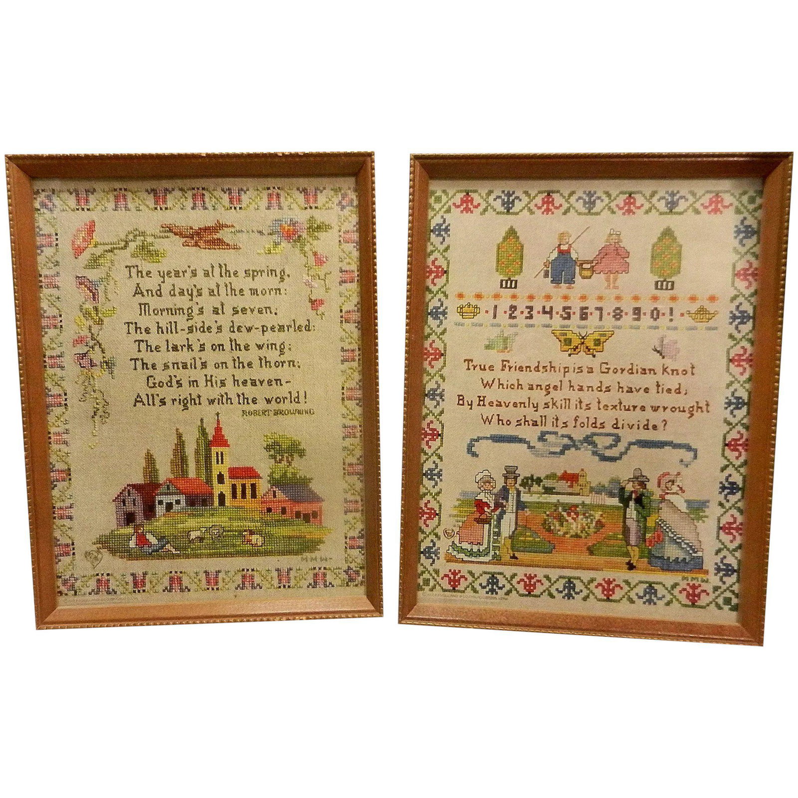 Vintage P.F. Volland 1917 Cross Stitch Look Friendship 7 Robert Browing Poem Print Samplers: This pair of Vintage P.F. Volland 1917 Cross Stitch Look Friendship & Robert Browning Poem Print Samplers are in excellent condition. Frames and prints are near mint condition. These prints have the 3