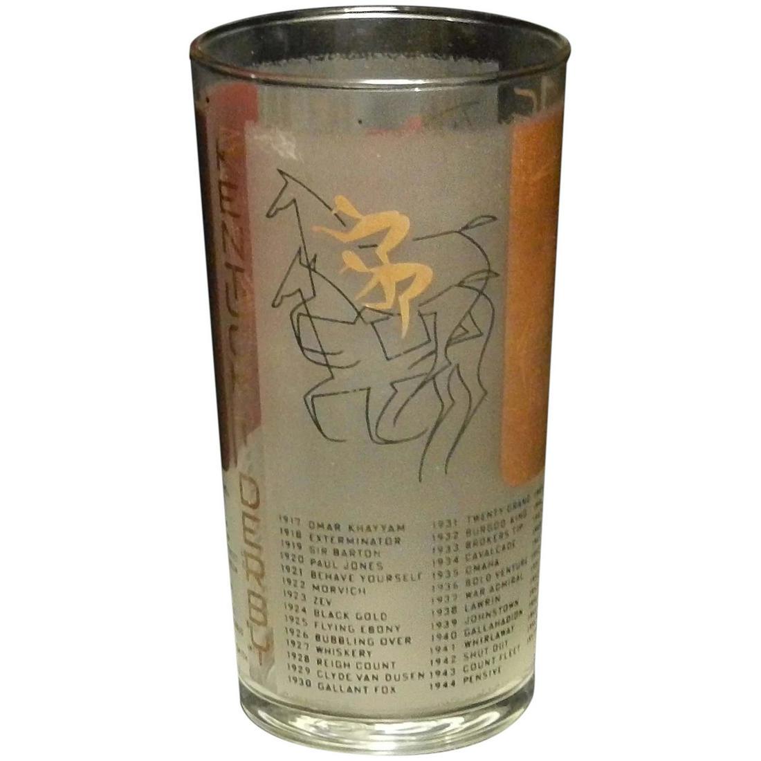 Vintage 1958 Kentucky Derby Glass GOLD BAR Edition: This 1958 Kentucky Derby Glass GOLD BAR Edition is in near MINT condition. NO chips, flea bites, or loss of color of any kind. Stands 5 ¼” tall and hold 12 oz. Unusual in that in 1958 two g