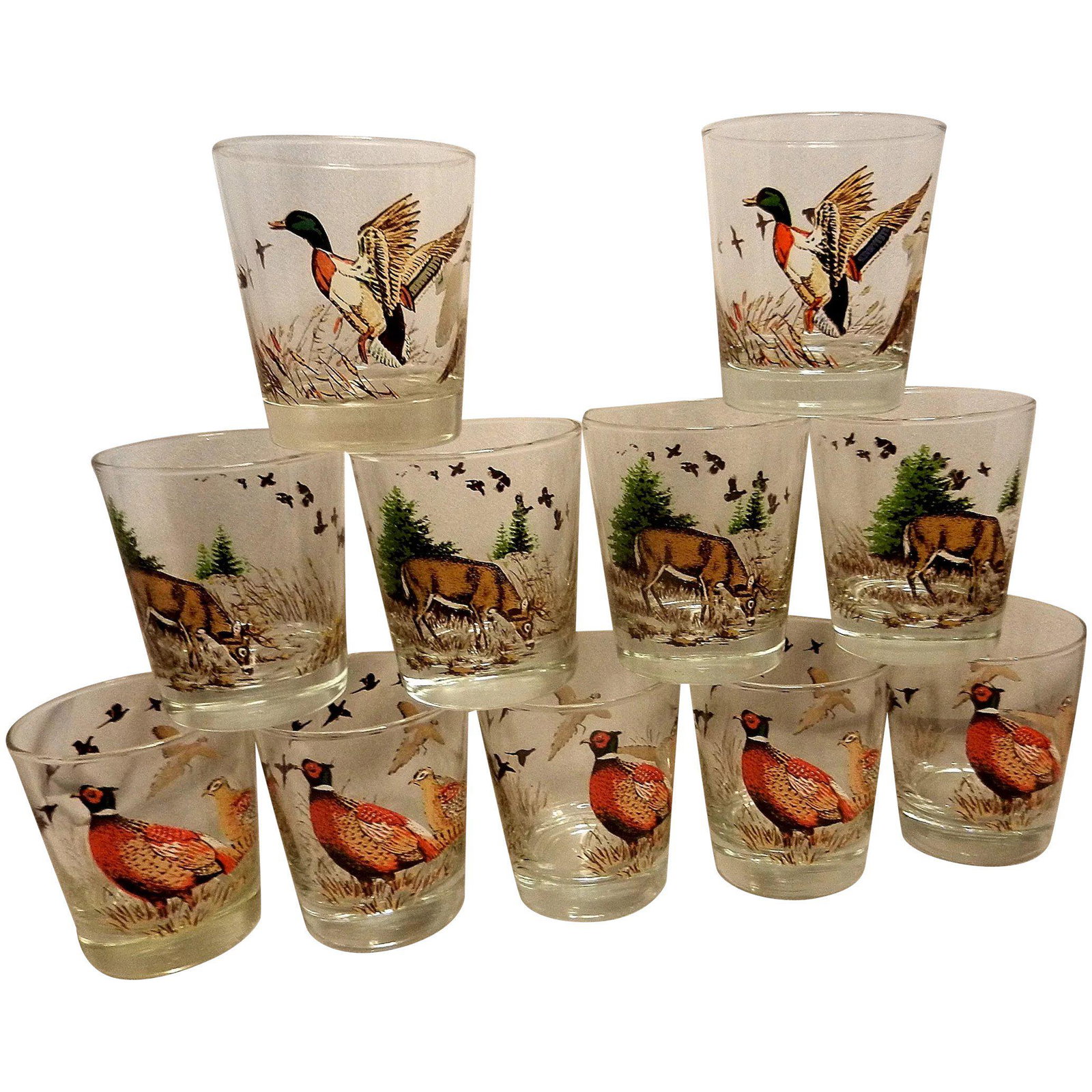 Eleven Libbey Scenic Wildlife Double Old Fashioned Drinking Glasses: This is a set of eleven Libbey Pheasant Scenic Double Old Fashioned Drinking Glasses featuring 5 pheasants in tall grass with a few flying by in the background. 4 Deer in the woods, 2 Ducks This is th