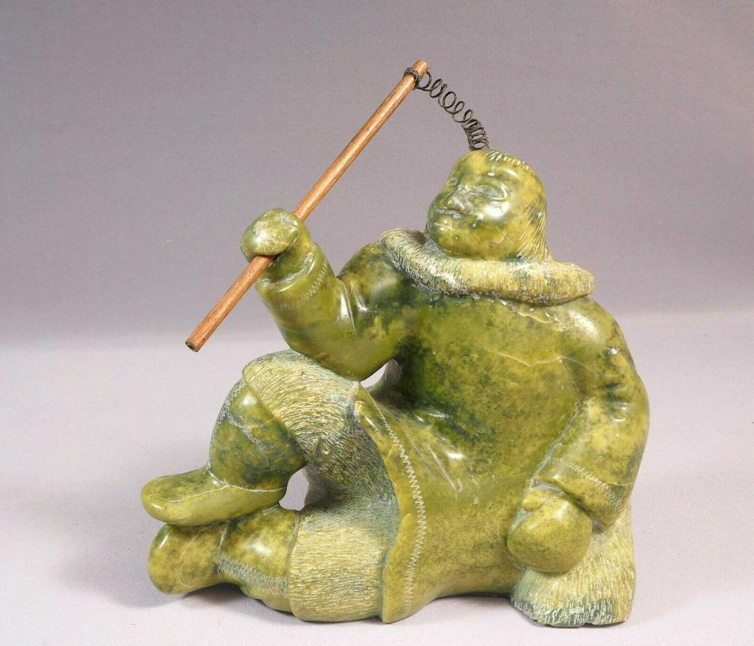 Inuit Eskimo Native Vintage Soapstone Carving Fisherman Signed Green LARGE 1987 (1 of 9)
