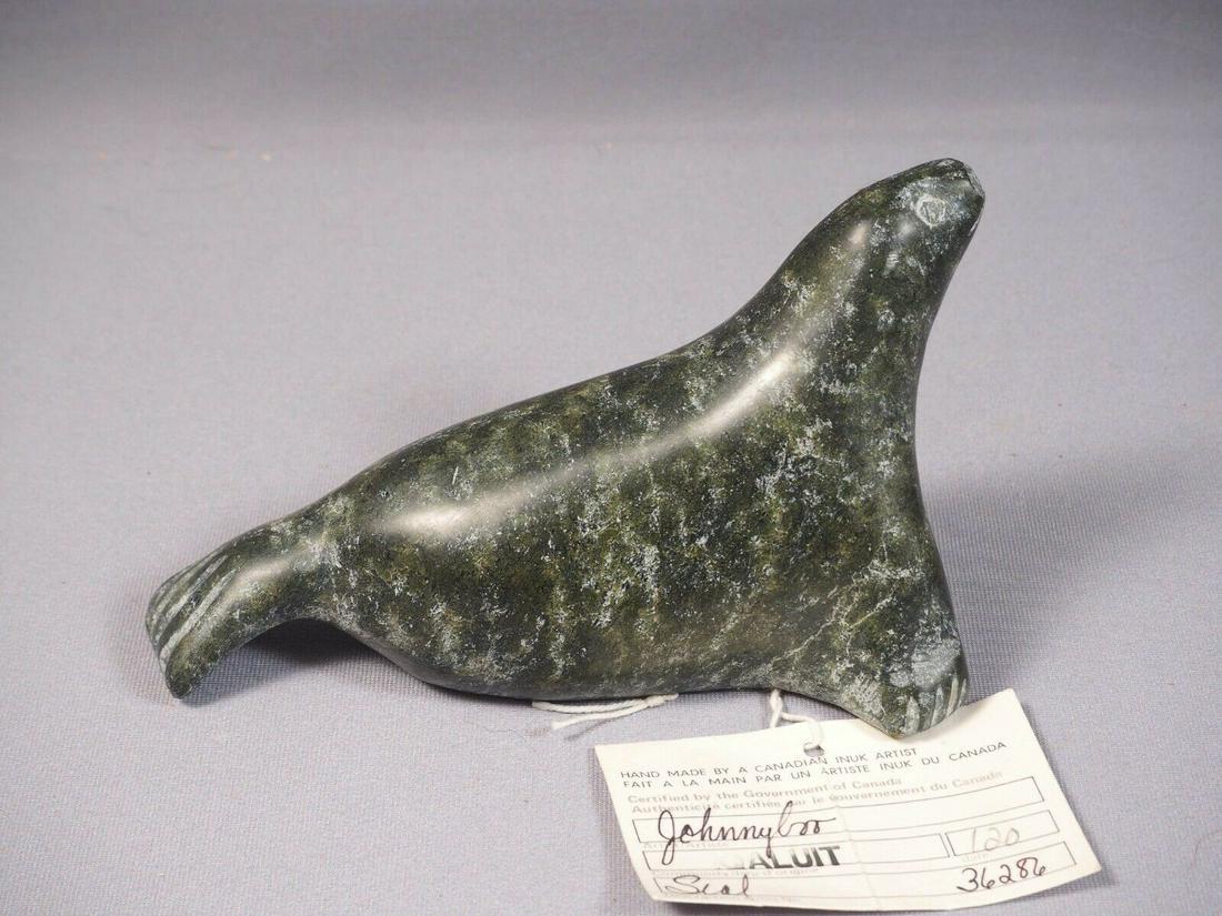 Inuit Eskimo Native Vintage Soapstone Carving Seal Walrus Johnny Loo Iqauit Vtg: This is a vintage Primitive Native American Eskimo Inuit Seal/Walrus Figurine. The figurine is made from soapstone and is very beautiful. It comes with Canadian Certification. It was made by the Inuit