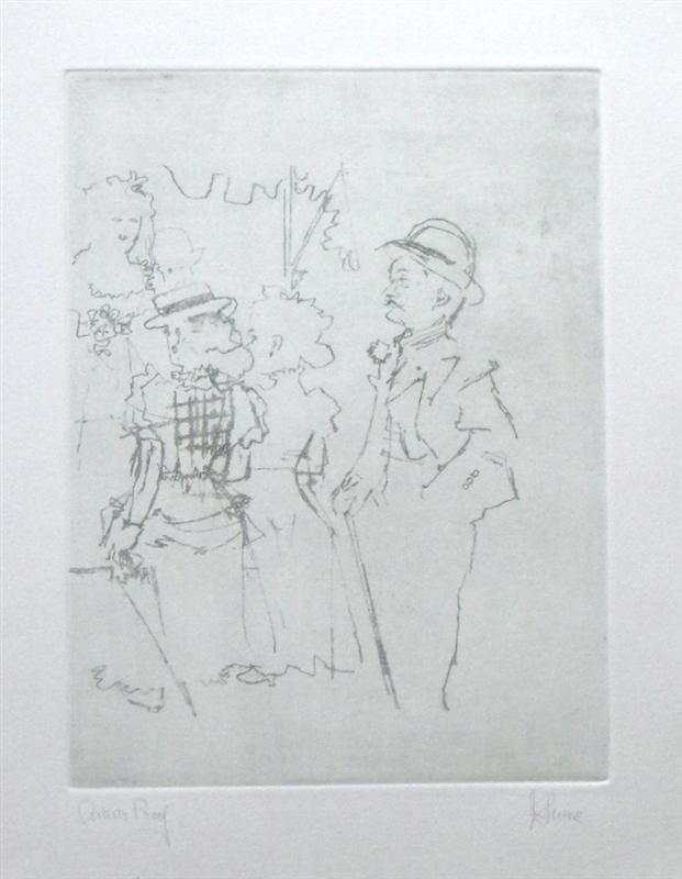 Jack Levine signed original etching "Mack sees Polly Peachum": Medium: original soft ground etching, signed in pencil and annotated "Artist's Proof". This etching was executed in 1967 for the "Dreigroschen Film" series, for the limited edition portfolio published