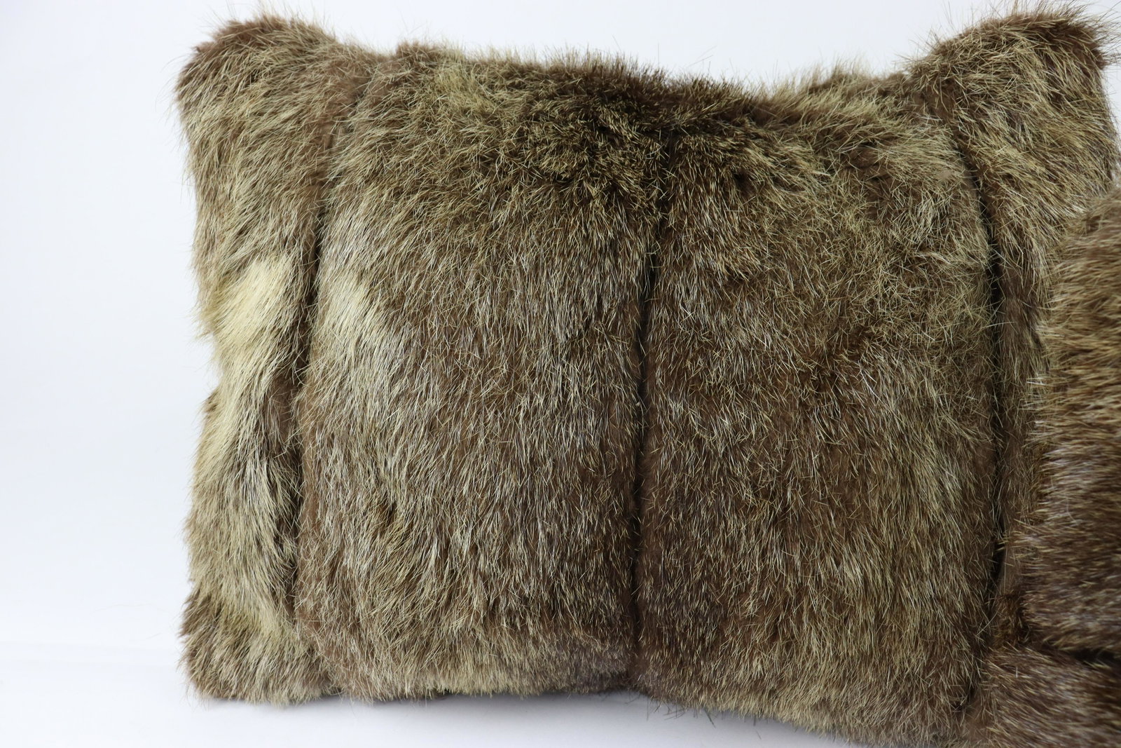 SET OF 3 NUTRIA FUR PILLOWS: Title: SET OF 3 NUTRIA FUR PILLOWS Description: Reporpused from multiple vintage fur garments re-made into super soft pillow, perfect for decoration; no filling in the pillow due to shipping; Size: 45