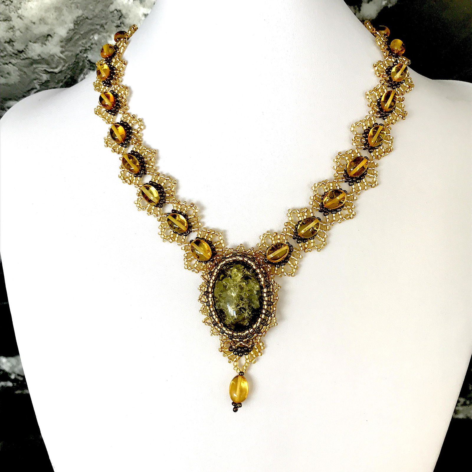 Unique and Impressive Amber Floral Necklace made from leaf like bead ornaments (1 of 11)