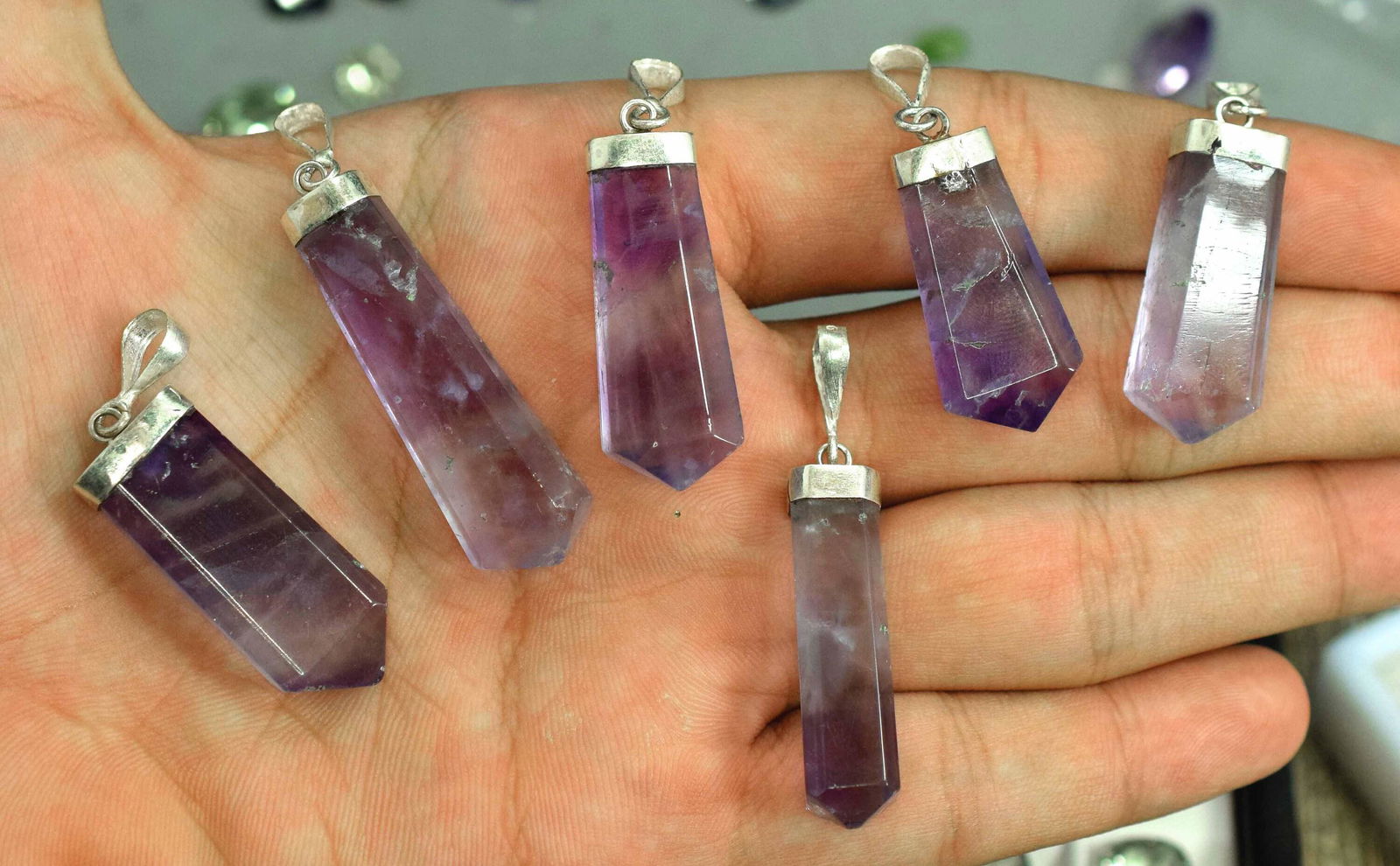 Polished Fluorite Pendants With Sterling Silver Caps - Purple Color - 6 Pieces (1 of 4)
