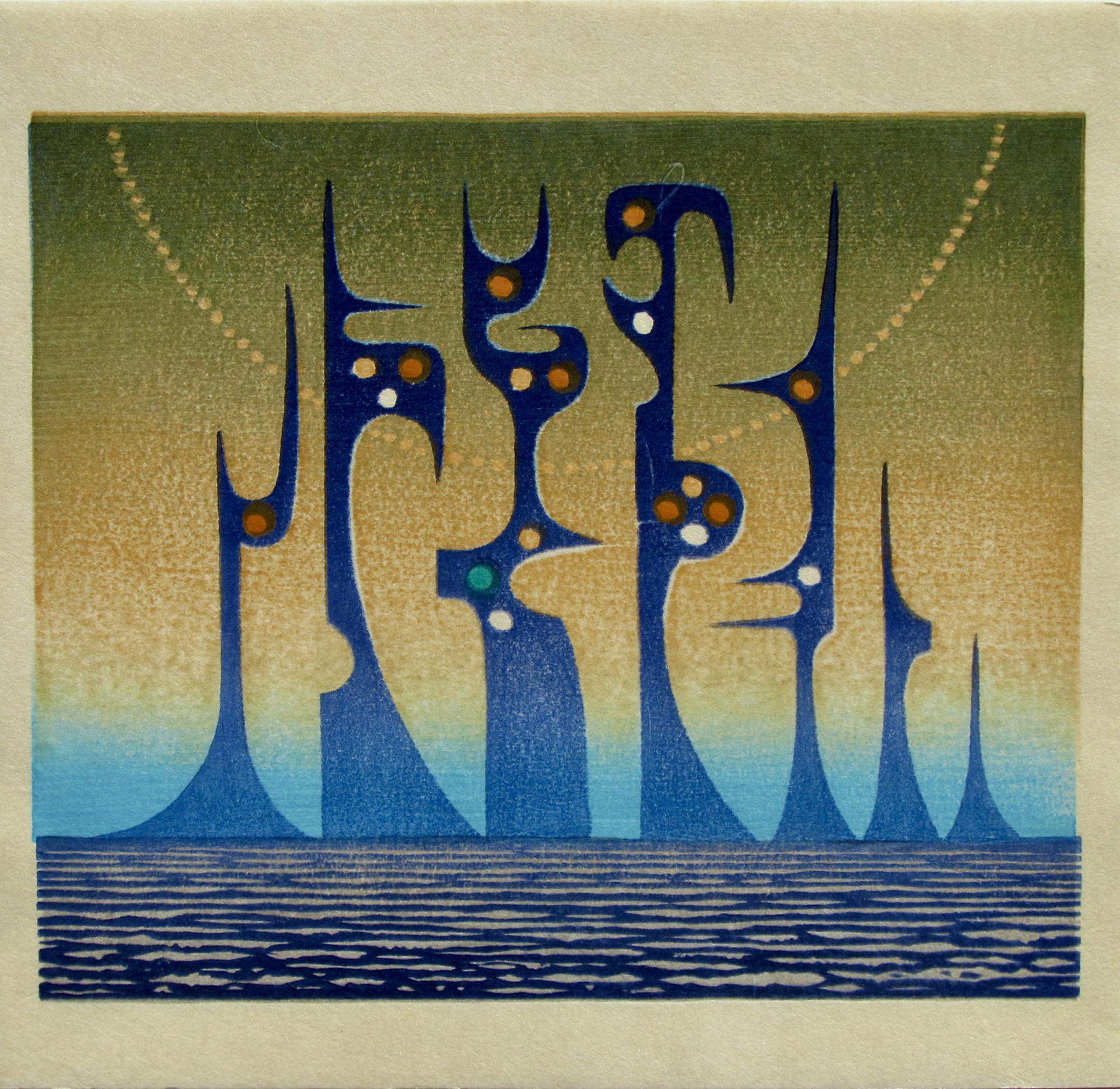 Toshi Yoshida: Bokashi-zuri: Artist: Toshi YOSHIDA (1911-1995) Subject: Gradation Printing Bokashi-zuri, paper kozô, No. 20. Series: Varieties of Japanese Print, Vol. 1 Publisher: Self Signature: None Date: 1967 Format: 20.8