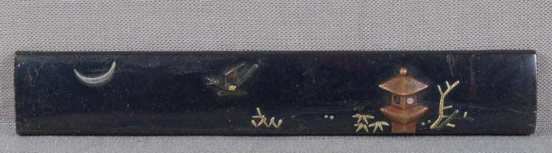 19c shakudo Japanese sword KOZUKA bird moon temple lantern (1 of 5)