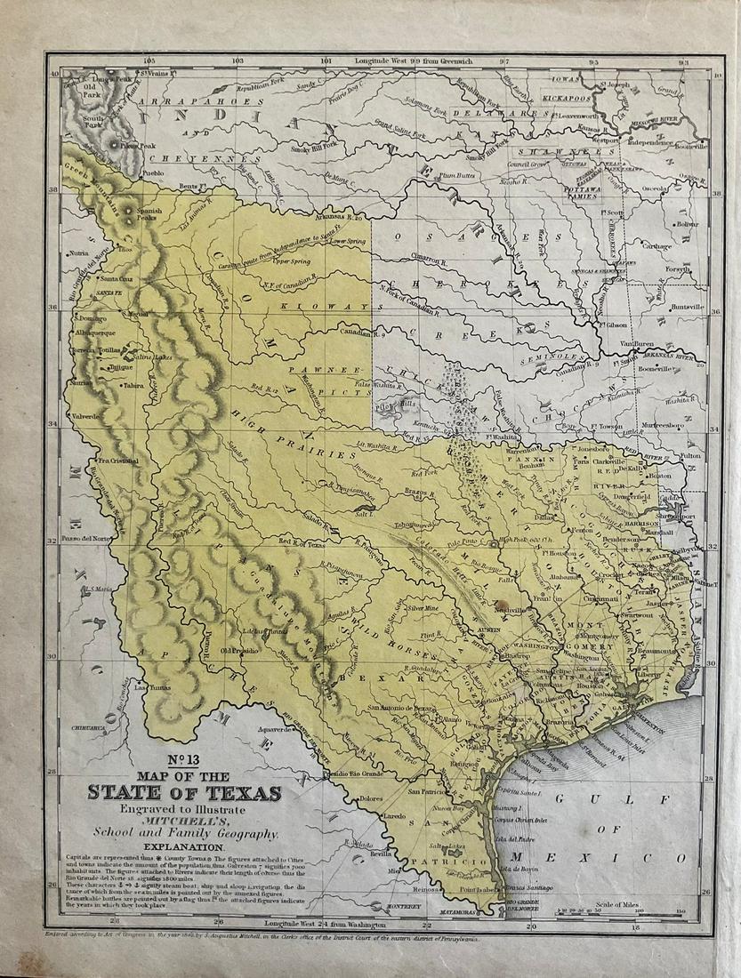 Early map of the large size Texas state, first to show Dallas. 1846 by Mitchell (1 of 3)