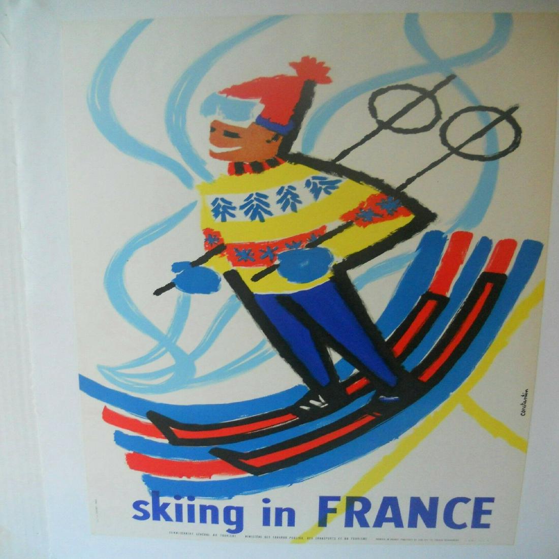 Original Vintage c.1950 Skiing in France Poster Linen Backed (1 of 6)