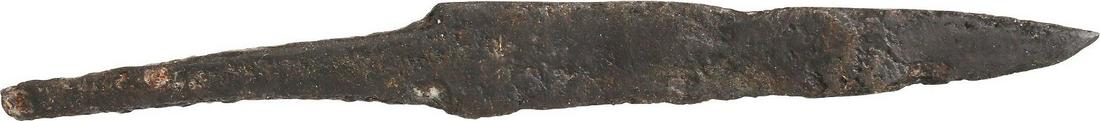 ANCIENT VIKING POUCH KNIFE, 9th-11th CENTURY: Just under 3 1/2" total length. (See https://leatherworkingreverend.files.wordpress.com/2009/07/dsc01382.jpg and https://inhabitat.com/melting-glaciers-reveal-items-lost-in-the-stone-age/ for similar 