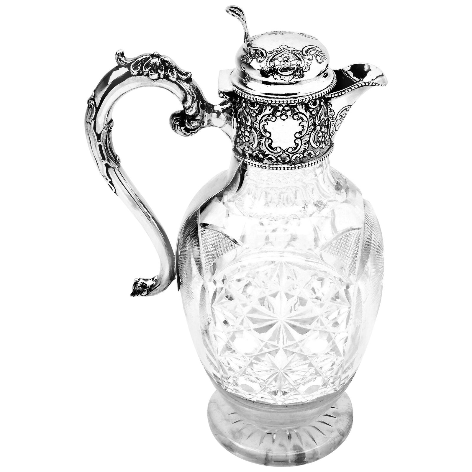 Antique Solid Silver & Cut Glass Claret Jug Wine Decanter, 1909 (0020