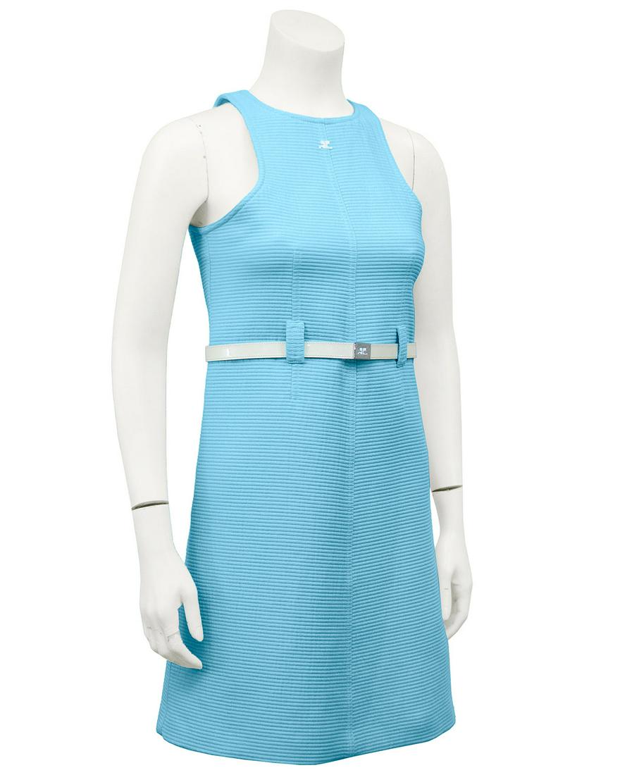 Courreges Blue Cotton Ribbed Day Dress with White Belt (1 of 6)