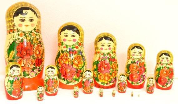 Matreshka Semenovskaya: Large Matreshka Semenovskaya. Traditional russian wooden nesting doll, handmade, handpainted, 16 pcs. Dimensions: 16 × 36 cm Reserve: $200.00 Shipping: Domestic: Flat-rate of $40.00 to anywhere withi
