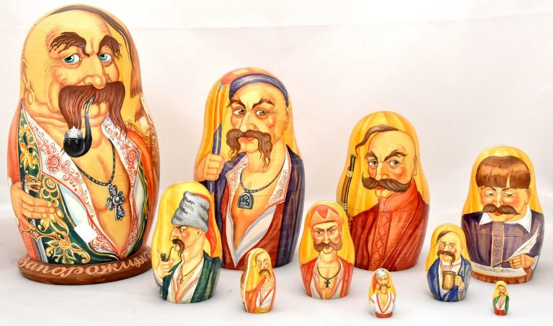 Matreshka: Matreshka. Traditional russian wooden nesting doll with Cossacks. Handmade, handpainted with artist’s signature. Sergiyev Posad, 10 pcs. Dimensions: 13 × 25 cm Reserve: $290.00 Shipping: Domestic: