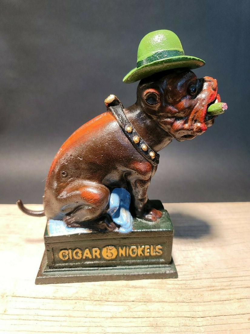 Cast Iron Cigar Cigar w Hat Puffer Bulldog Coin Bank