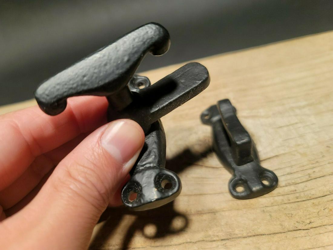 Cast Iron Door Gate Lock Latch: Description 2 3/4" height Great sturdy reproduction antique iron hook latch door or gate lock. All heavy solid iron material with a black powder coating. Reserve: $20.00 Shipping: Domestic: Flat-rate