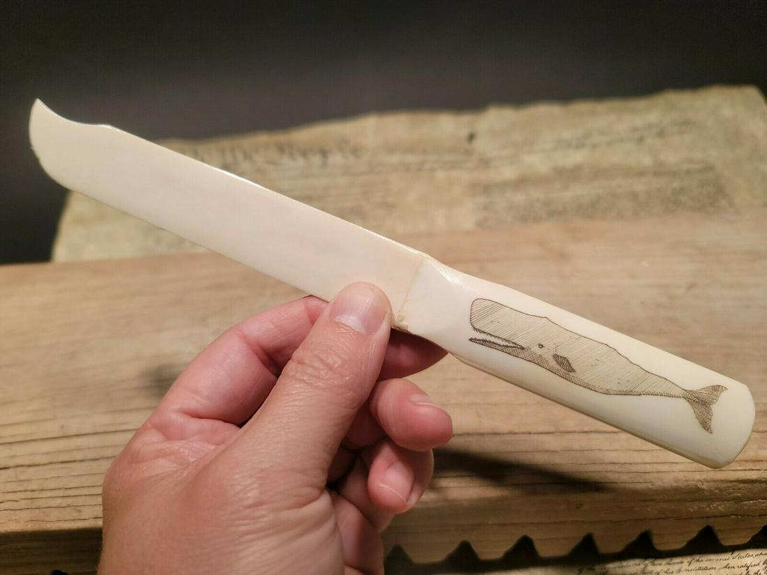 Folk Art Scrimshaw Etched Bone Letter Opener: 9 1/4" Long x 1" Wide Wonderful new reproduction scrimshaw carved ox bone letter opener. As you can see this piece is bone with an etched design typical of the period. Scrimshaw is a craft developed b