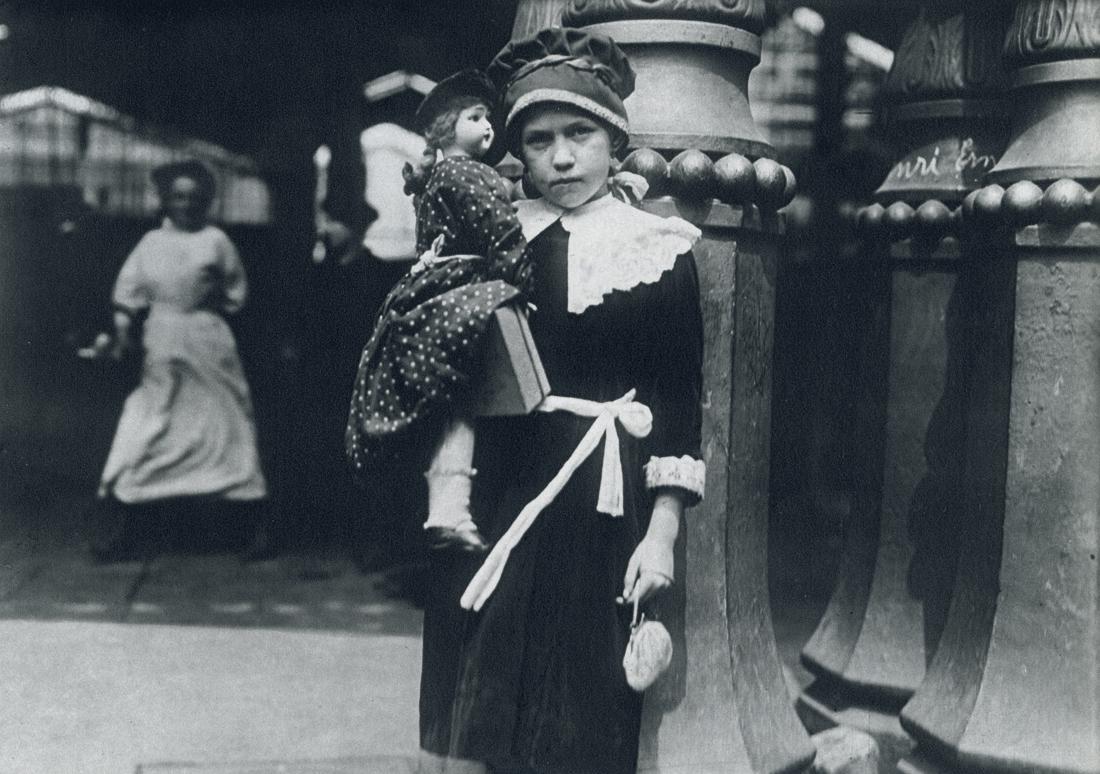 LEWIS HINE - Child With Doll, Paris, 1918: Artist: Lewis Hine Title: Child With Doll, Paris, 1918 Medium: Photo Litho, 1972, USA Dimensions: 9x6.35" Description: Heat Wax Mounted on 8.5x11" Conservation Board Artist Bio: Lewis Wickes Hine (187