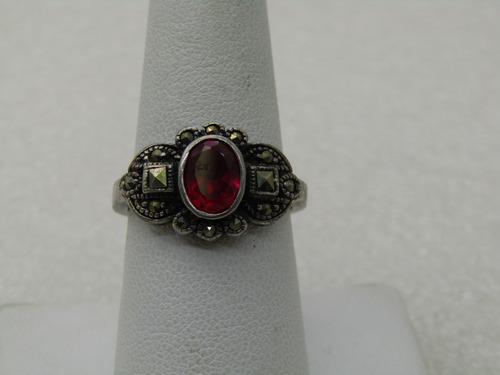 Vintage Sterling Ruby & Marcasite Ring, Sz. 825. (1 of 5)