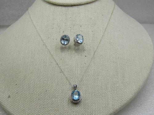 Sterling Silver Blue Topaz Halo Pendant & Earrings Set, 18" (1 of 5)