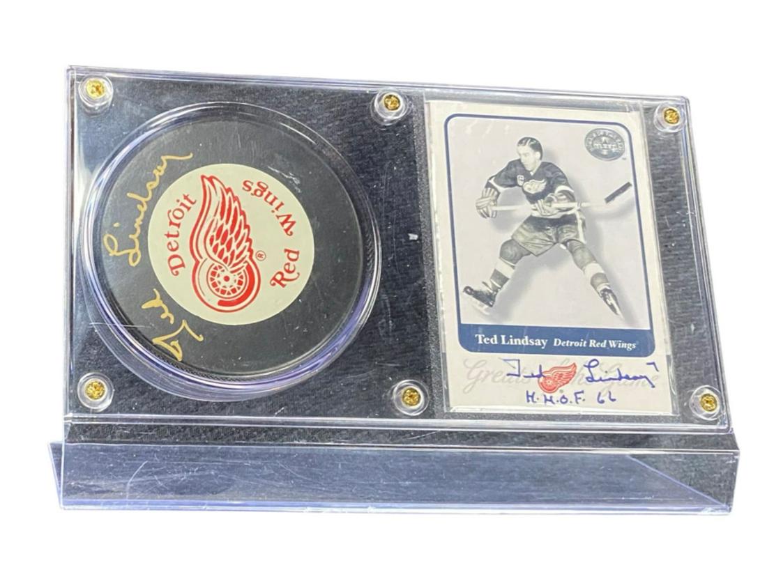 Ted Lindsay signed hockey puck and card, Detroit Red Wings (1 of 1)