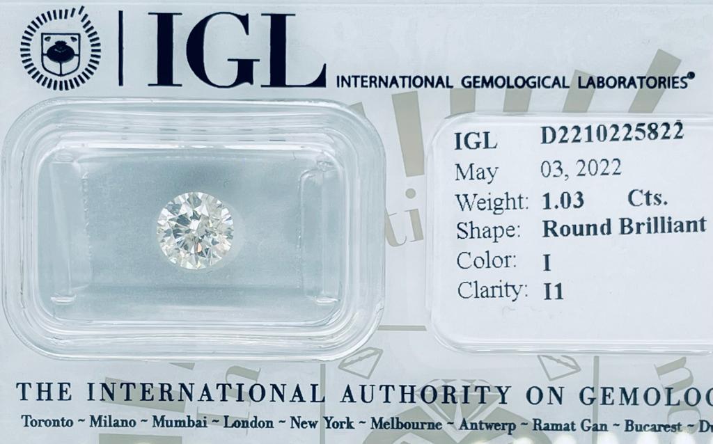 NATURAL DIAMOND IGL CERTIFICATE #D2210225822 1.03Ct. Shape: Round Briliant Color:I Clarity: I1 (1 of 6)