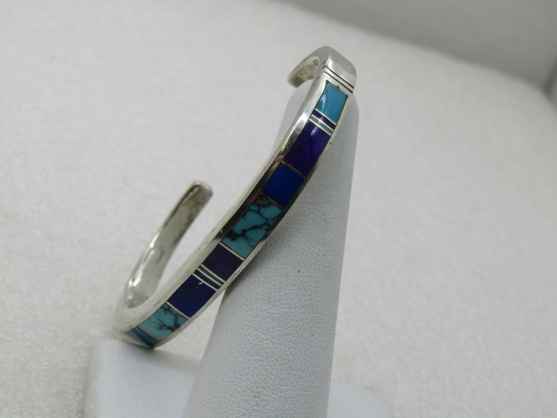 Sterling Southwestern Inlaid Mixed Stone Cuff Bracelet, 6-1/8", Signed W (1 of 6)
