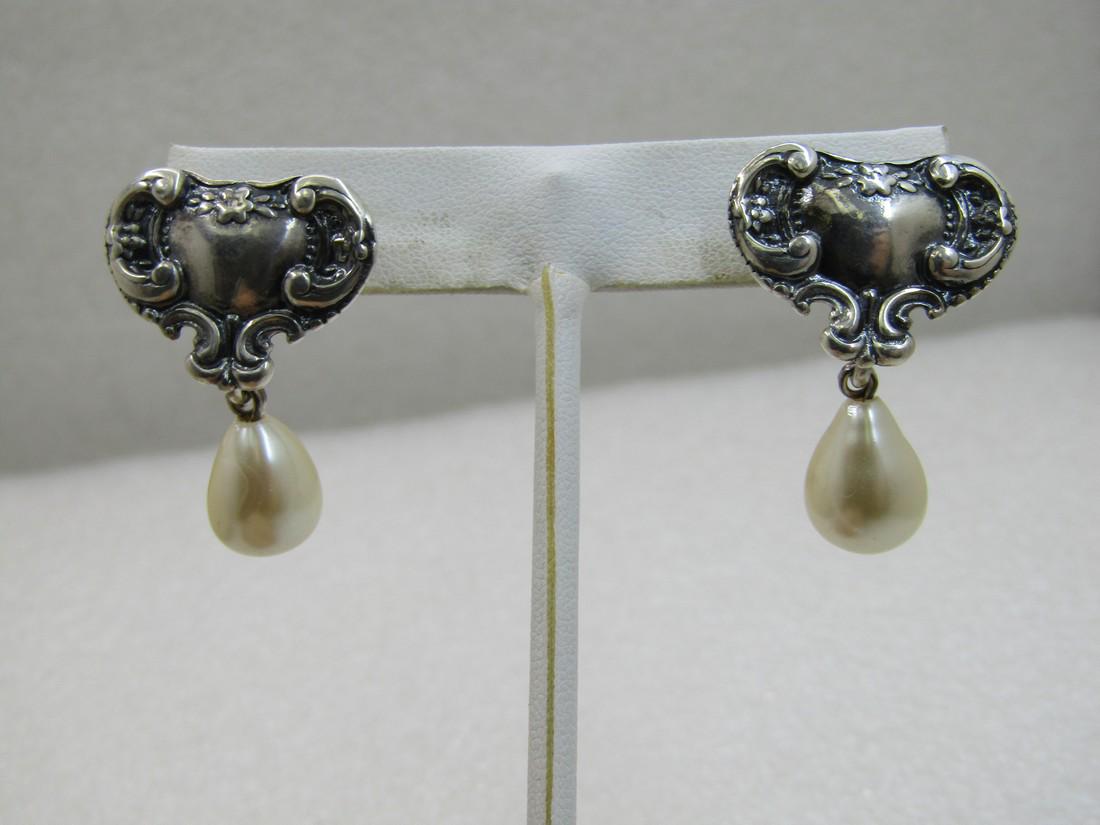 Vintage Sterling Southwestern/Victorian Heart Pearl Drop Earrings, Pierced (1 of 5)
