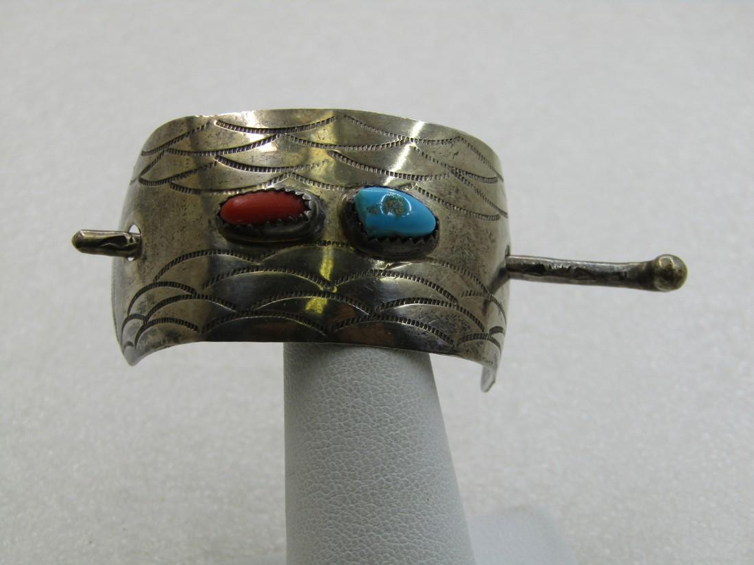 Vintage Sterling Southwestern Turquoise Coral Pony Tail Holder: Vintage Sterling Southwestern Turquoise Coral Pony Tail Holder, It is stamped with a raised sawtooth bezel-set turquoise nugget and red coral nugget that are appx. 10mm long and 6mm wide for the turqu