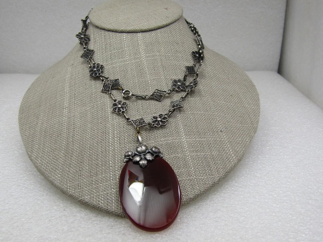 Vintage .800 Silver Filigree Carnelian Necklace, 30", Floral Themed (1 of 7)