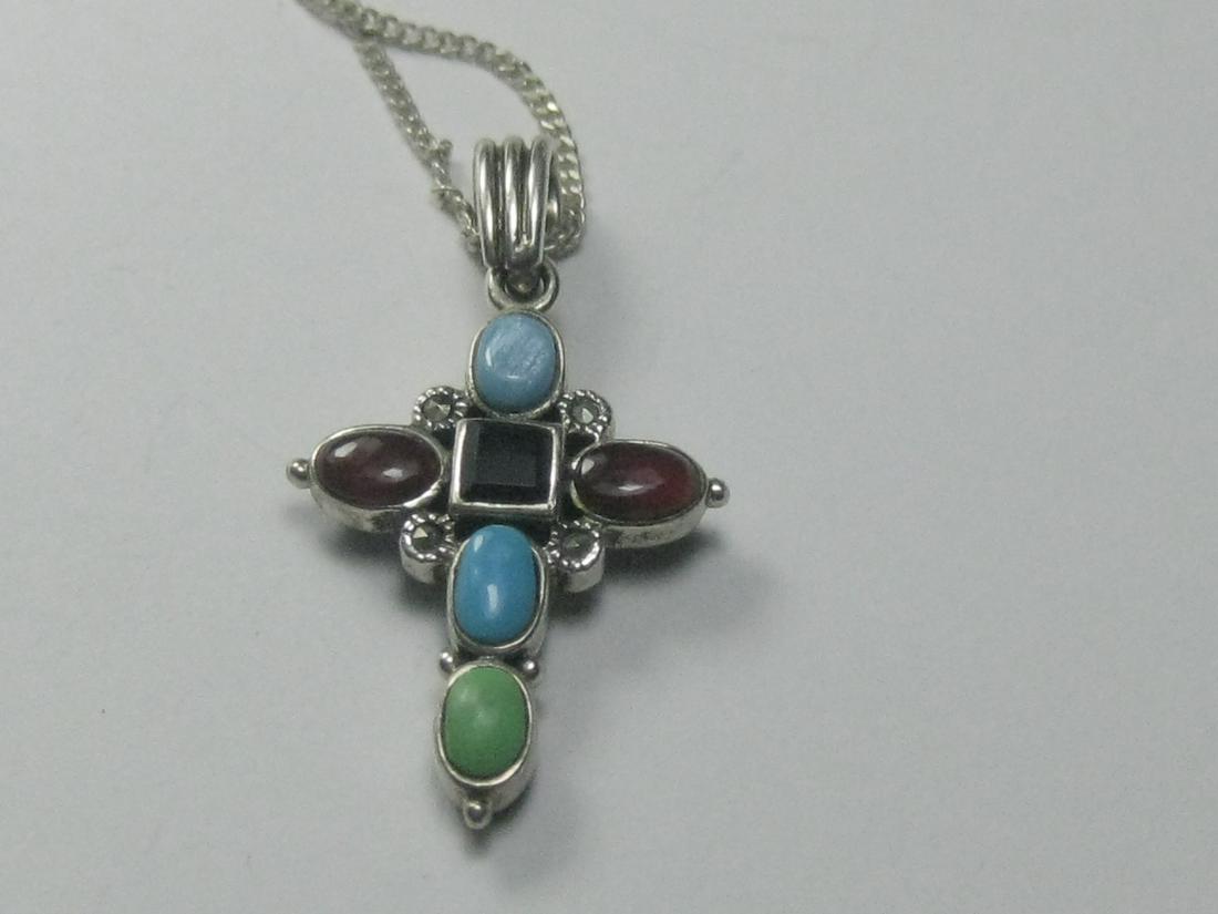 Vintage Sterling Southwestern Turquoise Cross Necklace, 23.5",: Vintage Sterling Southwestern Turquoise Cross Necklace, 23.5", Marcasite accents. Carnelian, green turquoise, onyx, and opal-like stone on one side and onyx on the other. Both sides have marcasite acc