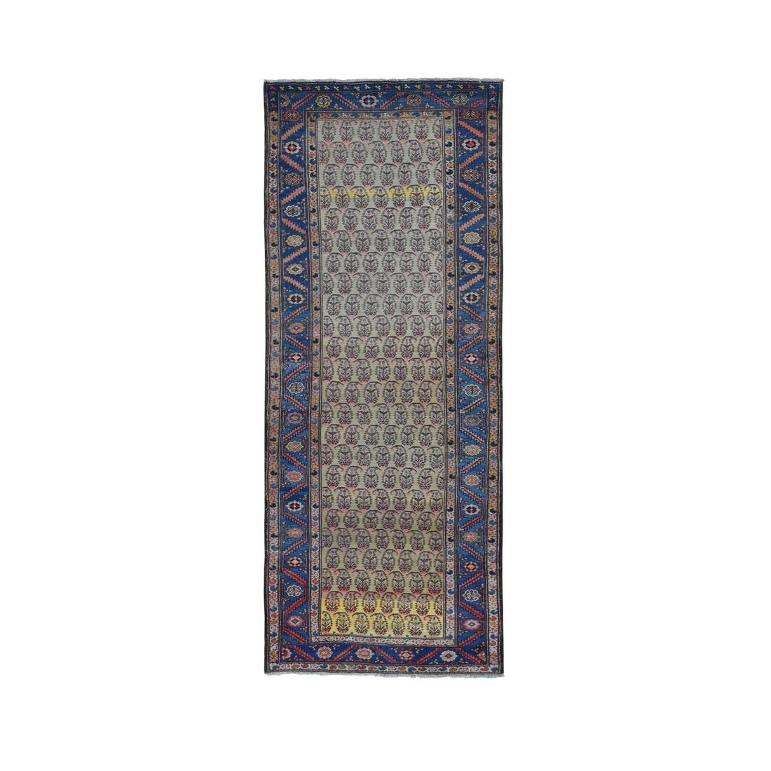 Yellow, Antique Persian Bakshaish Abrash Wool Hand Knotted Runner Rug: Title: Yellow, Antique Persian Bakshaish Abrash Wool Hand Knotted Runner Rug Description: This is a truly genuine one-of-a-kind . It has been Knotted for months and months in the centuries-old weaving