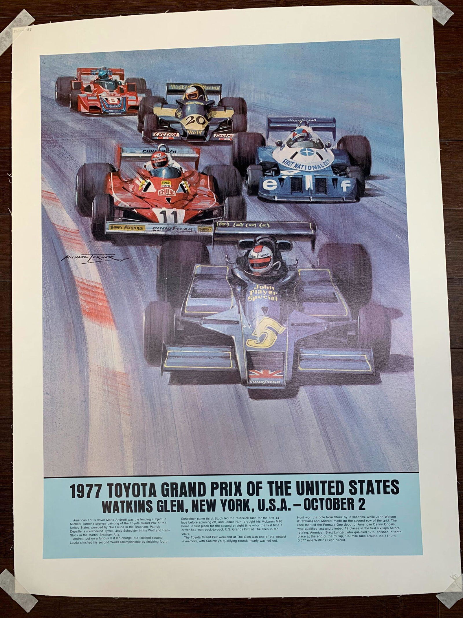 Toyota Grand Prix at Watkins Glen by Michael Turner the Famous Racecar Artist (1977) 20.5" x 28" US: Toyota Grand Prix at Watkins Glen by Michael Turner the Famous Racecar Artist (1977) 20.5" x 28" US Auto Racing Poster LB Condition: EXC Reserve: $157.25 Shipping: Domestic: Flat-rate of $32.00 to any