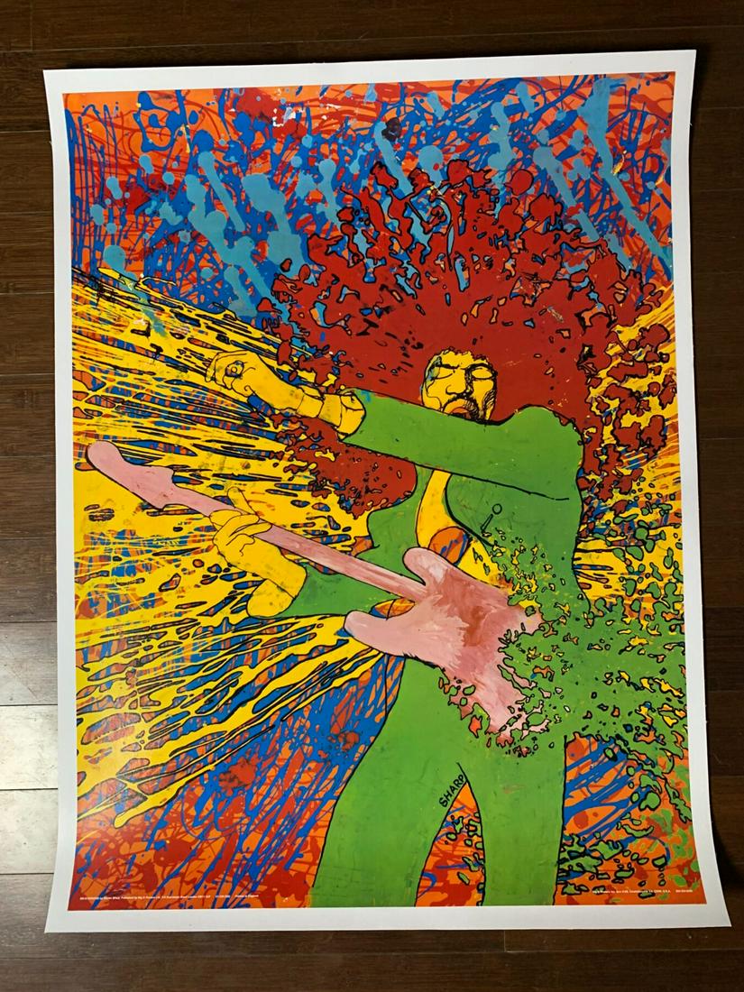 Jimi Hendrix - Explosion - Art by Martin Sharp (1970) 27.625" x 36.725" US Poster - LB: During the first half of 1968, Australian artist Martin Sharp (1942-2013), produced this stunning painting in acrylic on mylar of Jimi Hendrix. A variant watercolor version was shortly thereafter tran