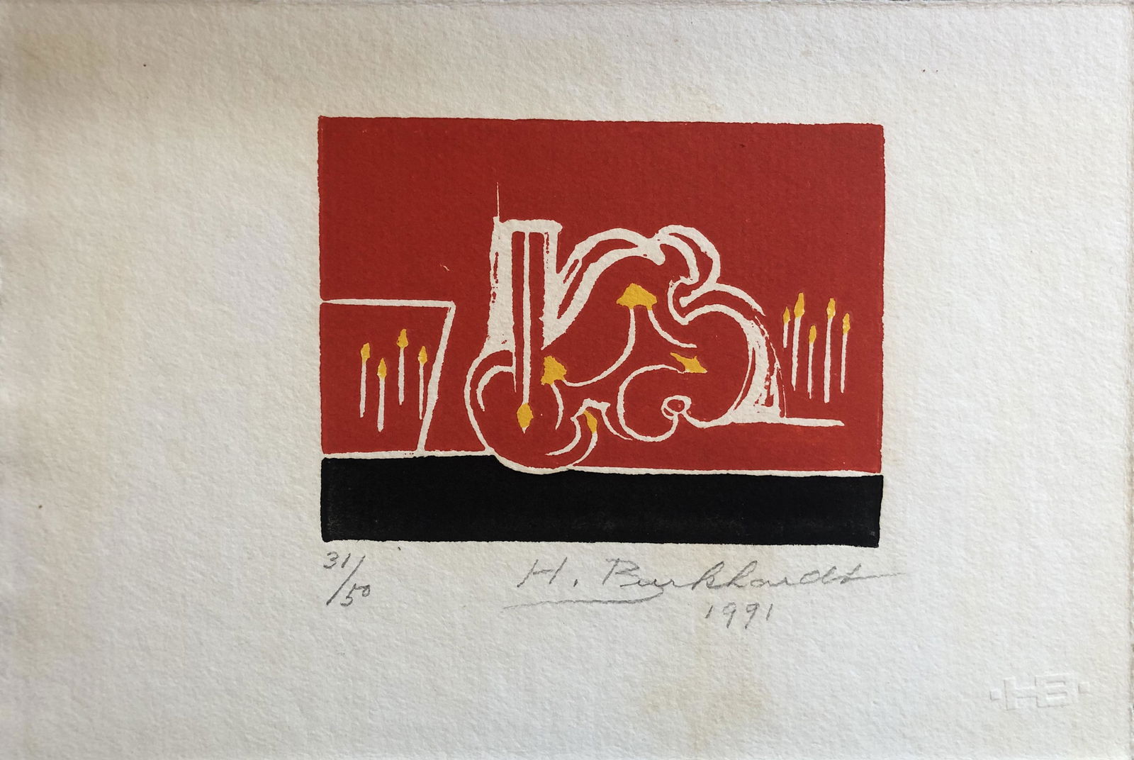 Hans Burkhardt (1919-2011) Swiss / American: Hans Burkhardt - linocut Signed / Dated 1991 Watermark " HB " lower right. Edition # 31 / 50 Sheet: 8 x 11 1/2 Image: 4 1/4 x 5 1/2 Please note that this lot has a confidential reserve. When you leave