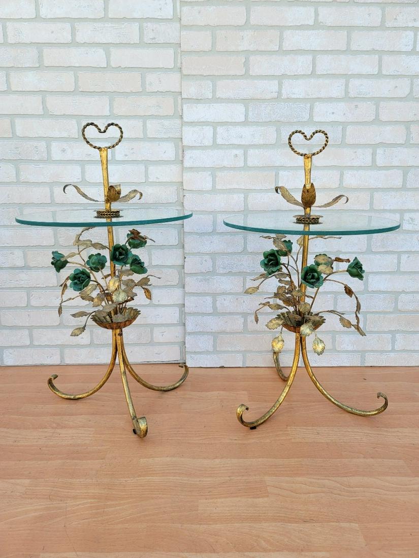 Italian Flower Tole Gold Gilt Side Table with Glass Top with Rope Heart - Pair: Vintage from the 1970s Materials: glass, metal Height: 21 inches Depth: 17 inches Description Italian Flower Tole Gold Gilt Side Table with Glass Top with Rope Heart - Pair Pair of flower side table o