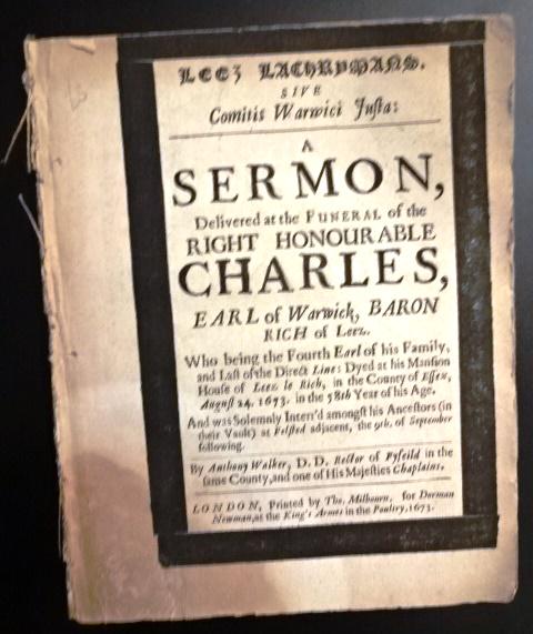 1673 Sermon Funeral of Charles Earl of Warwick: Title: 1673 Sermon Funeral of Charles Earl of Warwick Additional Information: "Leez lachrymans. Sive Comitis Warwici justa: a sermon, delivered at the funeral of the Right Honourable Charles, Earl of 