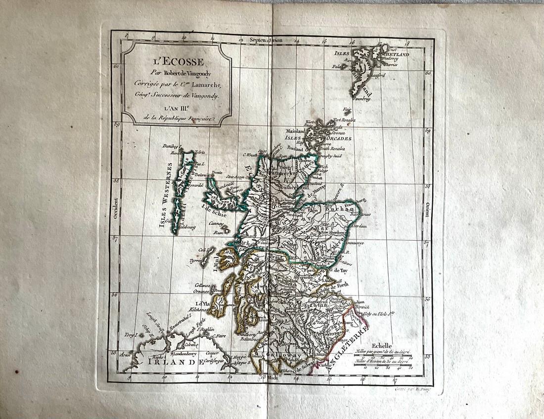 Scotland, 1794, by Vaugondy/ Delamarche: Title: Scotland, 1794, by Vaugondy/ Delamarche Date/Period: 1794 Materials: Hand colored copper plate engraved. Size: 16 x 11 1/2" Condition. Minor toning around edges otherwise in excellent condition