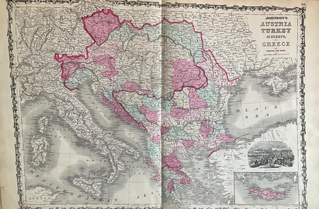Austrian empire, Hungary, entire Balkans, 1862 by Johnson and Ward: Title: Austrian empire, Hungary, entire Balkans, 1862 by Johnson and Ward Date/Period: 1862 Materials: Steel plate engraved. Size: 19" x 27" 1862 from 'Johnson's New Illustrated Family Atlas'. By John