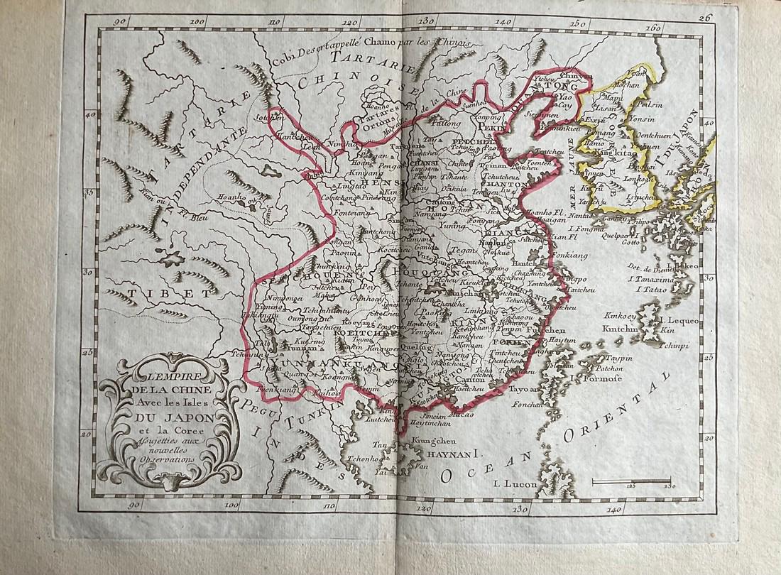 China and Korea, 1780/81 scarce map by J. B. Nolin: Title: China and Korea, 1780/81 scarce map by J. B. Nolin Date/Period: 1780/ 1781 Materials: Hand colored copper plate engraved Size: 14 1/2 x 10 1/4" 1780/1781 map by Jean Nolin Batiste, Paris, publi