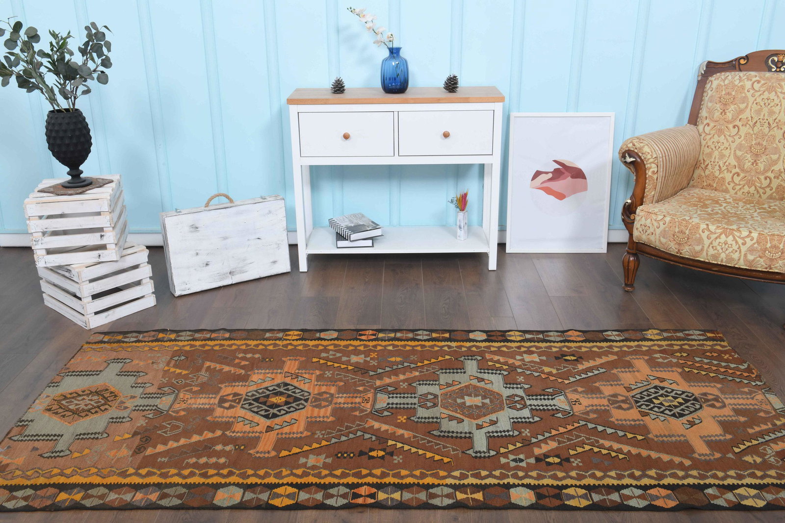 3.5x8.4 ft, TURKISH RUNNER RUG, Farmhouse Rug: Title: 3.5x8.4 ft, TURKISH RUNNER RUG, Farmhouse Rug Date/Period: 1960 - 1970 Origin: Turkey Dimensions: Length: 8.4 feet Width: 3.5 feet Material: Wool and Cotton Additional Information: This one-of-