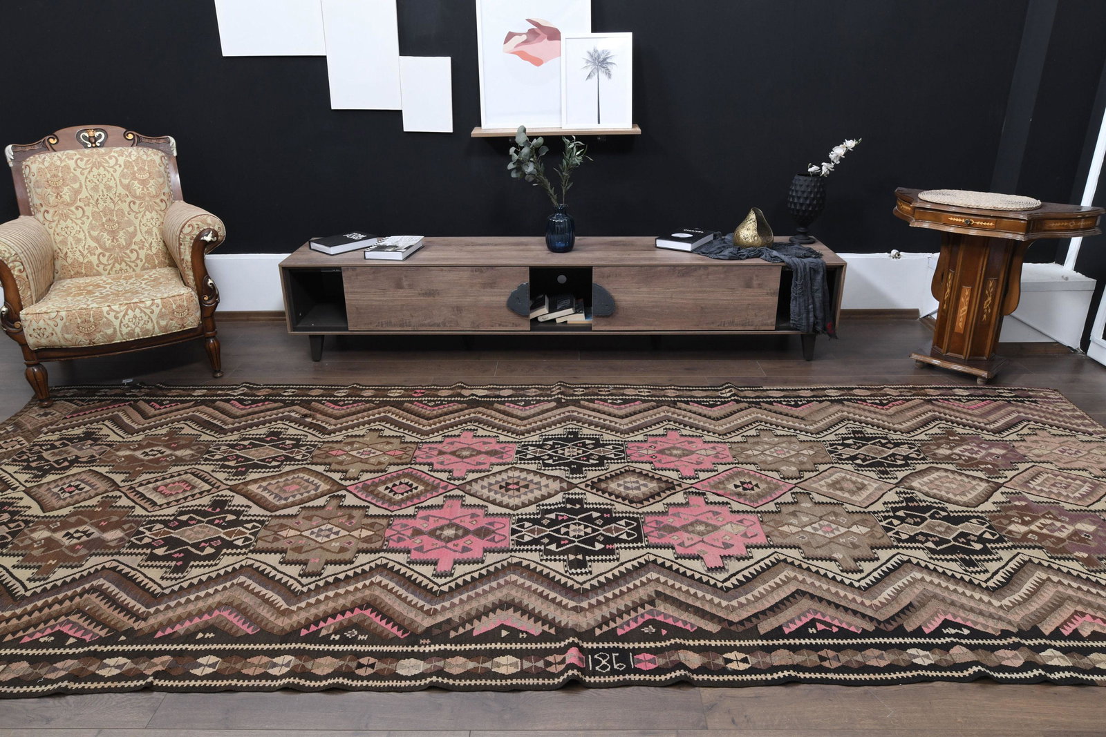 6X14 SHABBY DÉCOR KILIM: Title: 6X14 SHABBY DÉCOR KILIM Date/Period: 1960 - 1970 Origin: Turkey Dimensions: Length: 14.4 feet Width: 5.7 feet Material: Wool and Cotton Additional Information: This one-of-a-kind Vintage F
