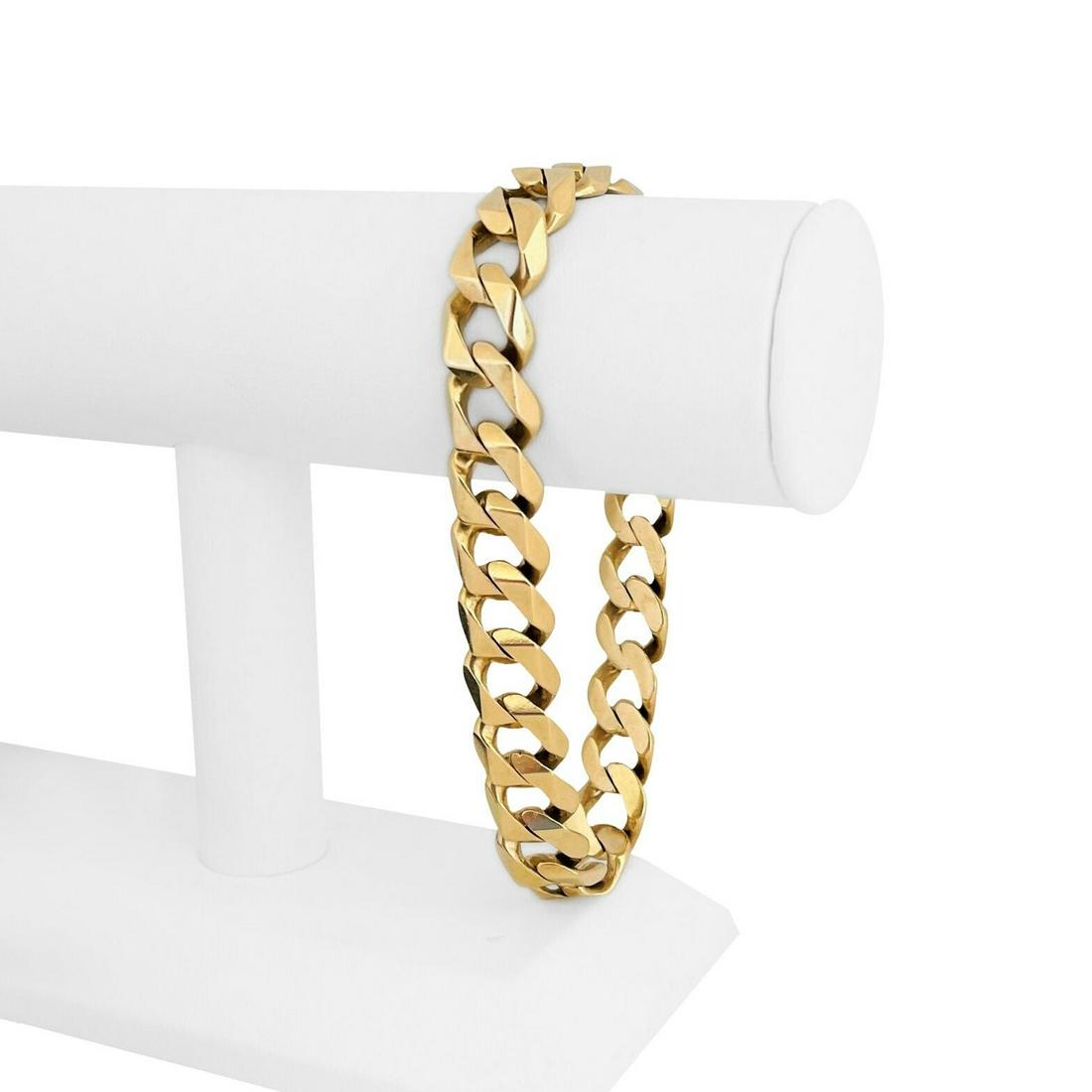 18k Yellow Gold 90g Solid Heavy 14mm Men's Curb Link Chain Bracelet 9.75": Condition: Excellent Condition, Professionally Cleaned and Polished Metal: 18k Gold (Marked, and Professionally Tested) Weight: 90g Length: 9.75 Inches Width: 14mm Closure: Box Tab Insert with Two Saf