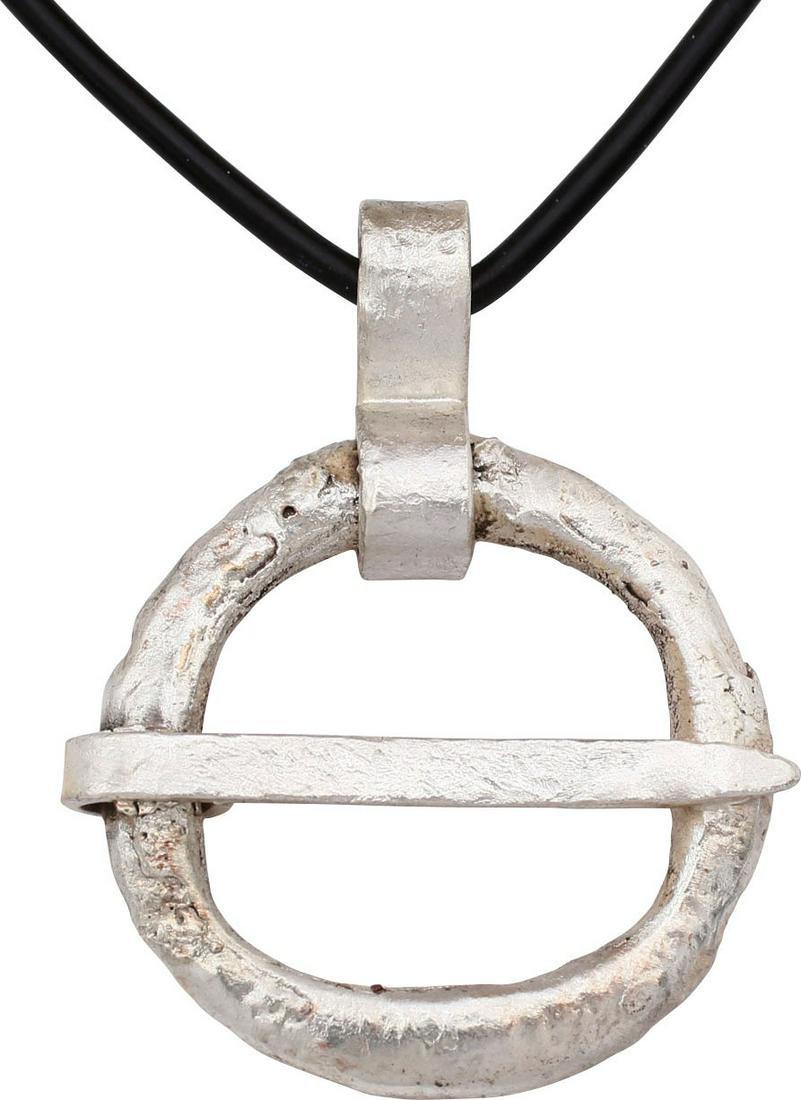 VIKING PROTECTIVE BROOCH NECKLACE, 10th-11th CEN. AD: Variation of this basic Viking accessory. These were worn in numbers on the surface of the jerkin, these small metal brooches provided a measure of protection against sword cuts and, in fact, were a f
