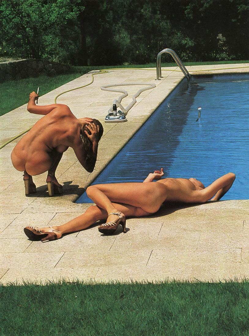HELMUT NEWTON - St. Tropez, 1975: Artist: Helmut Newton Title: St. Tropez, 1975 Medium: Photo Litho, 1976, Italy Dimensions: 8.85x11.95" Description: Heat Wax Mounted on 12x16" Conservation Board Artist Bio: Helmut Newton (1920-2004) 