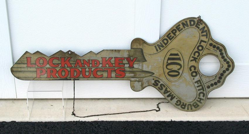 Vintage New England key trade sign.: Title: Vintage New England key trade sign. Provenance/Additional Info: Great vintage New England tin two sided trade sign advertising "Lock and Key Products Independent Lock Co. Fitchburg, MASS.". Ver