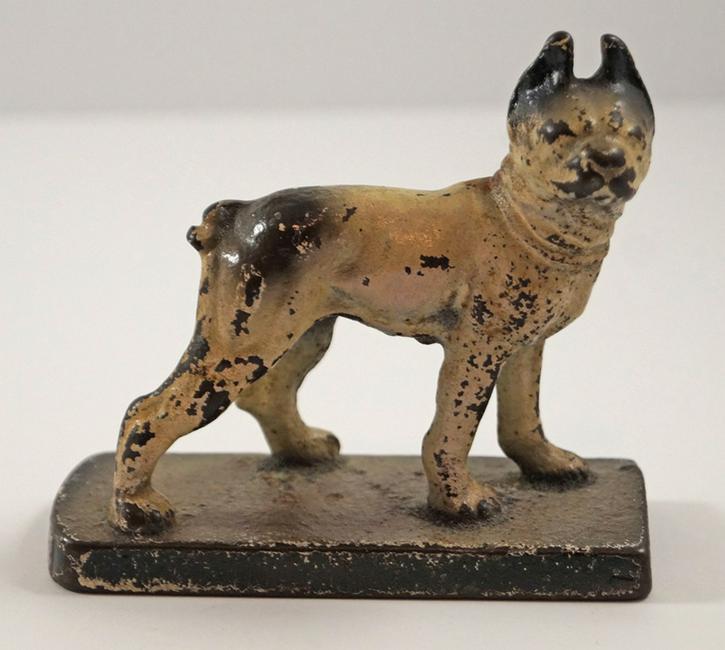 Boston Terrier Dog Cast Iron Paperweight 1930: Title: Boston Terrier Dog Cast Iron Paperweight 1930 Provenance/Additional Info: A full-figure, solid casting Boston terrier Dog on base cast iron Antique Paperweight. Made by Creations Company. Dimen