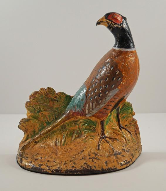 Antique Pheasant Bird Cast Iron Hubley Doorstop: Title: Antique Pheasant Bird Cast Iron Hubley Doorstop Provenance/Additional Info: Exquisite cast and sculptured form of Pheasant Antique Doorstop. The designer, Fred Everett has captured the eye-appe